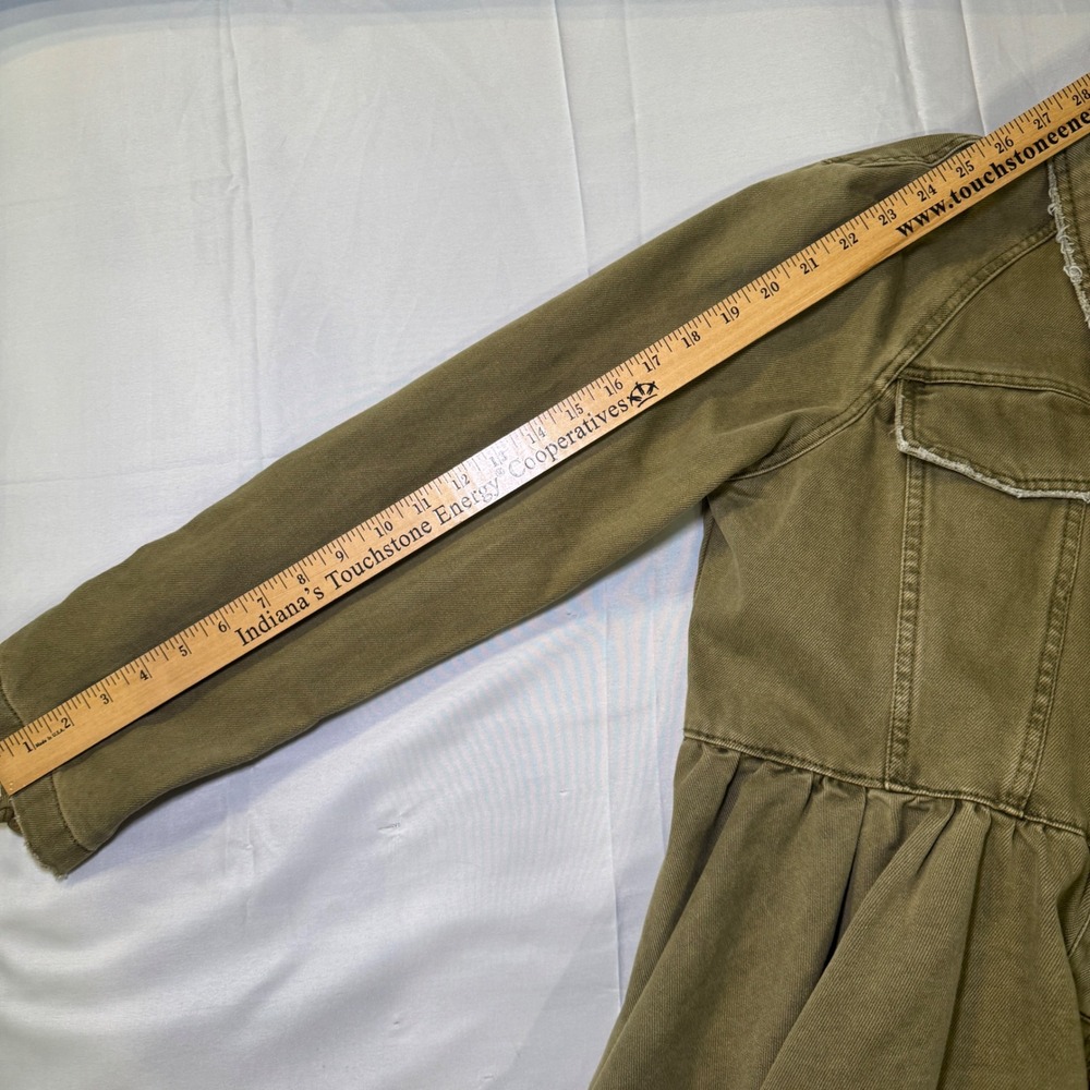 Free People Olive Green Peplum Military Denim Jacket Lace Up Sleeve Frayed Hem - Picture 6 of 10